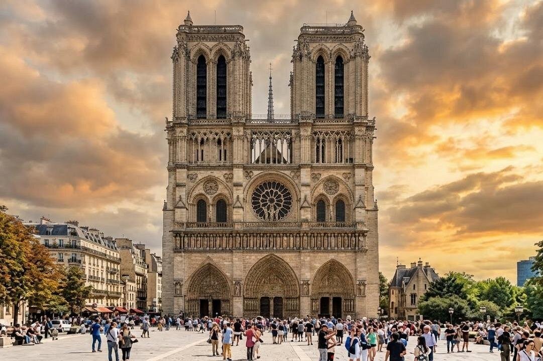 Small guided group beneath the restored ribbed vaults of Notre-Dame Cathedral